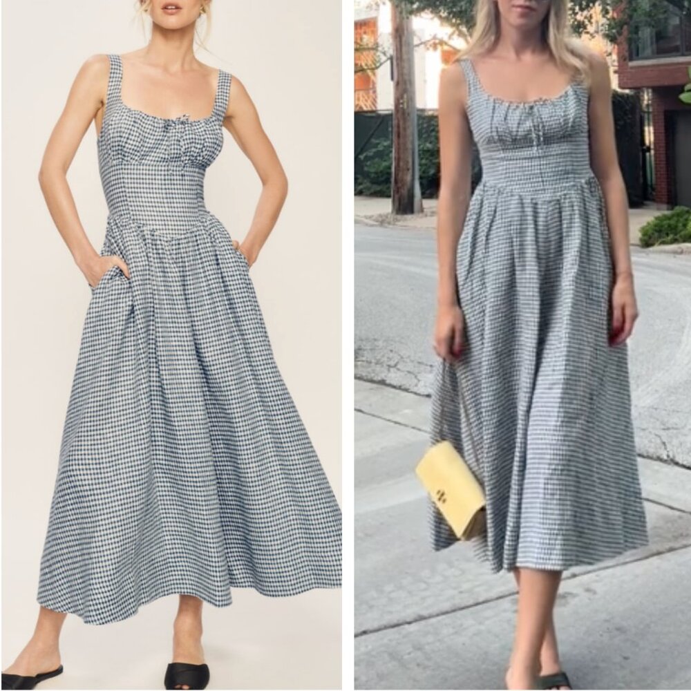 BEST Reformation Balia Linen Midi Dress Sz0 Slate Check Linen Vacation Party - Picture 2 of 13